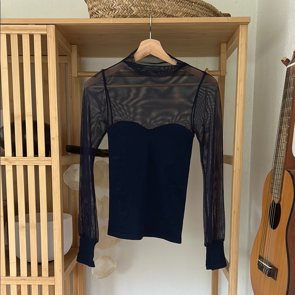 Intimately Free People Mesh Sheer Long Sleeve Top Navy Size M/L - Picture 2 of 3